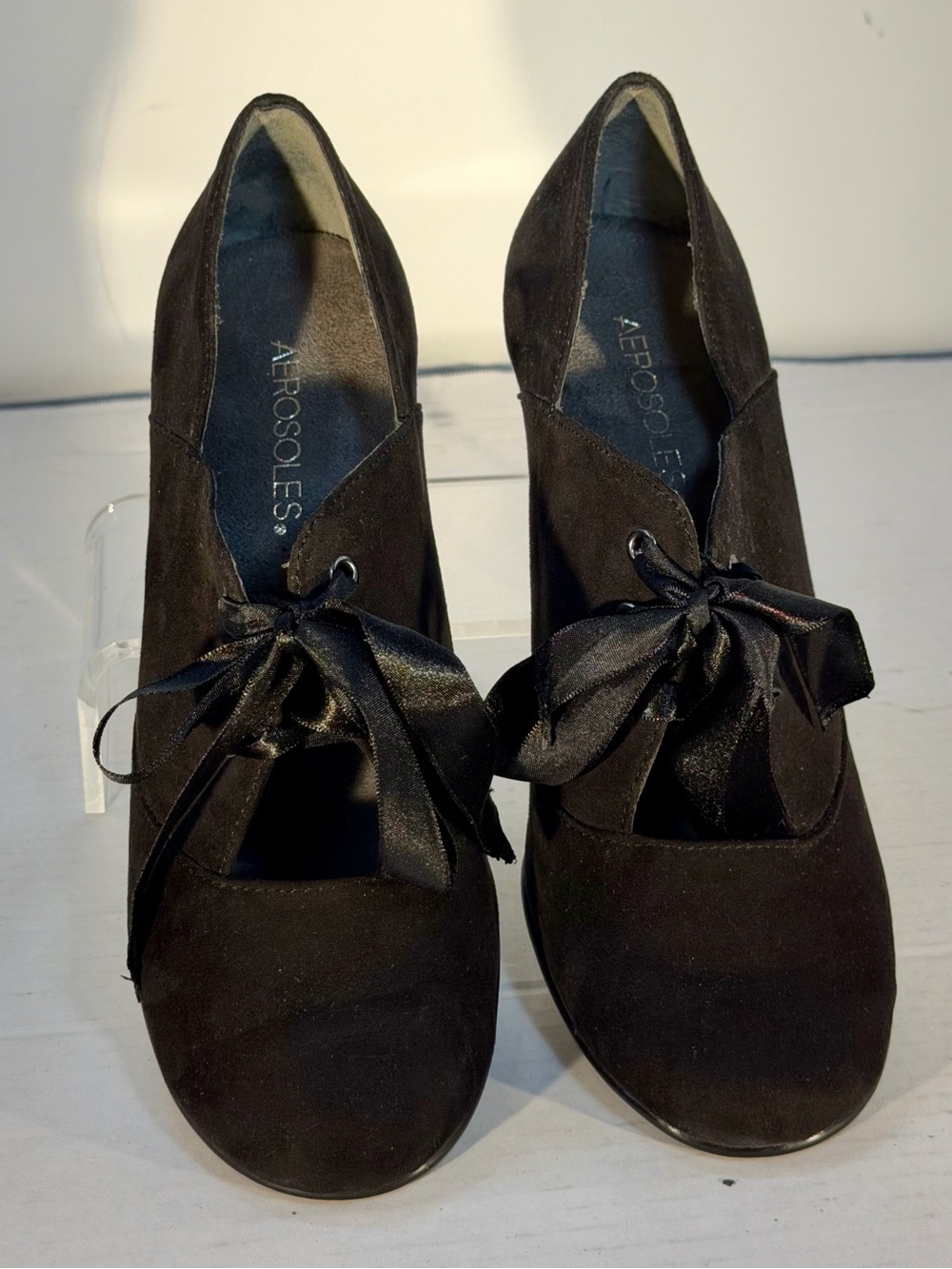 AEROSOLES Black Faux Suede Ribbon-Tie Heels